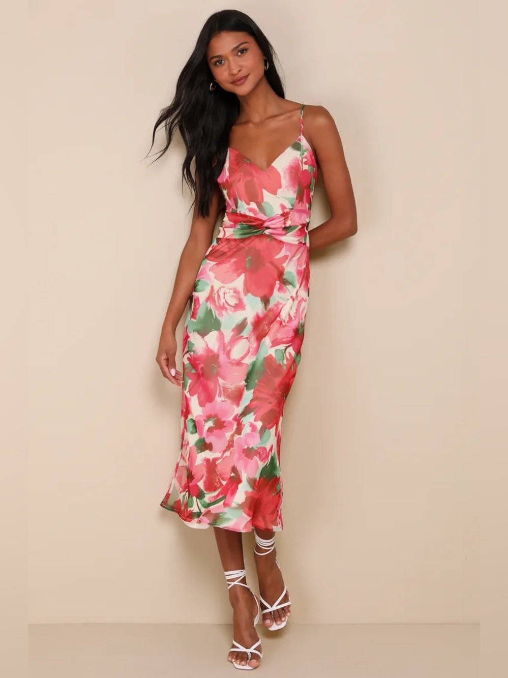Lulus Beautiful Entrance Fuchsia Multi Floral Twist-Front Midi Dress Size S NWT